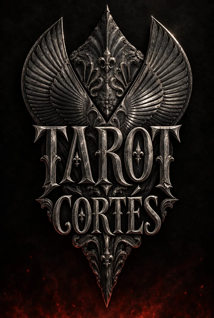 Tarot Cortés, letras talladas en metal oscuro entre dos alas